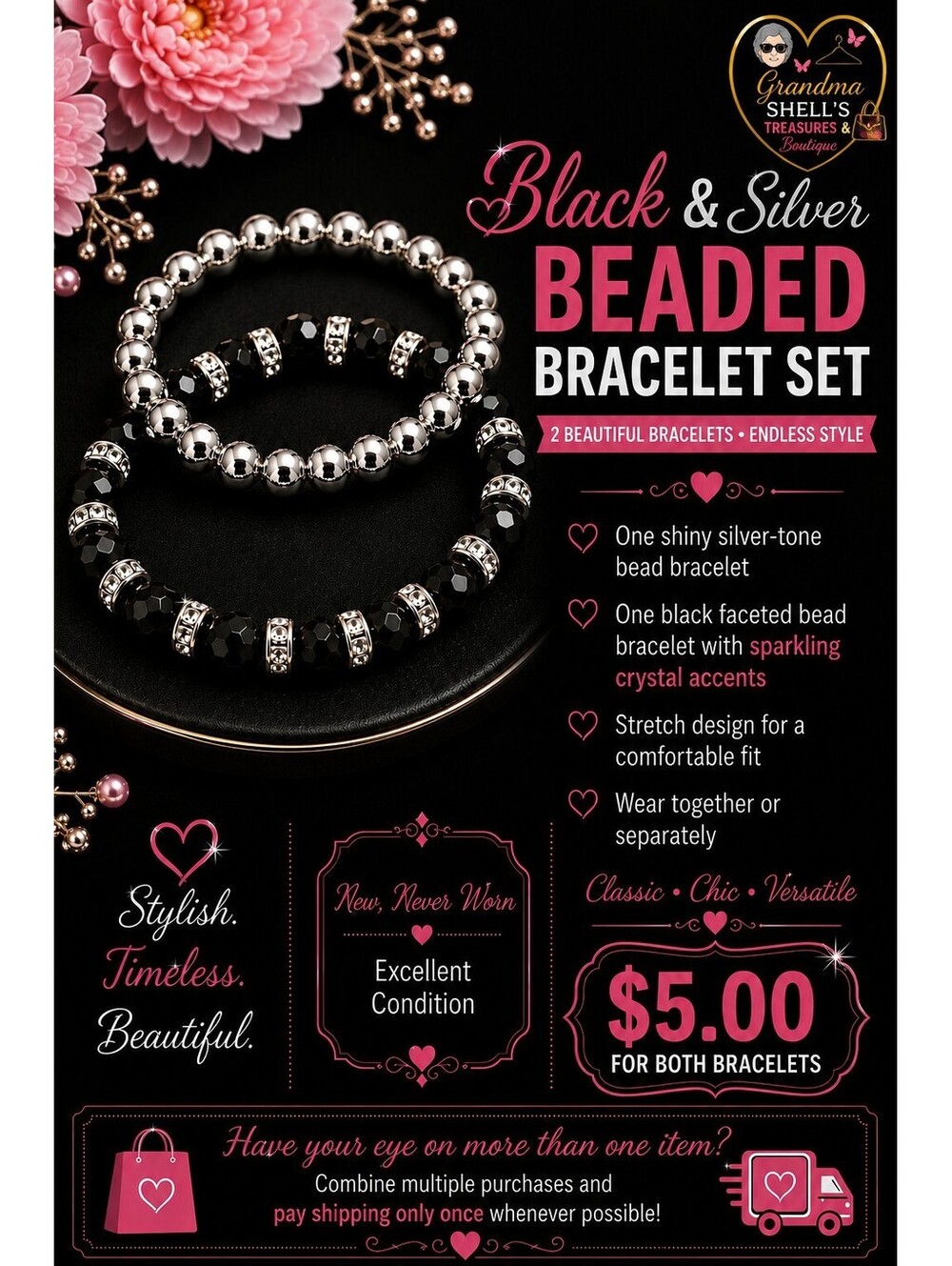 Black & Silver Beaded Crystal Stretch Stackable Bracelet Set, 2pc